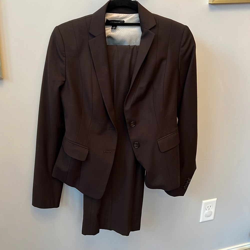 Chocolate brown suit jacket from Ann Taylor with matching bootcut pants.